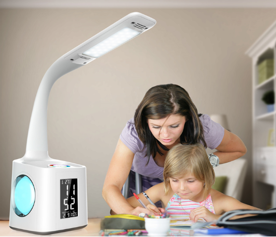 Lampa biurkowa LED z gniazdkiem elektrycznym, kalendarz, wyświetlacz temperatury, oświetlenie nocne, nauka, czytanie dla dzieci